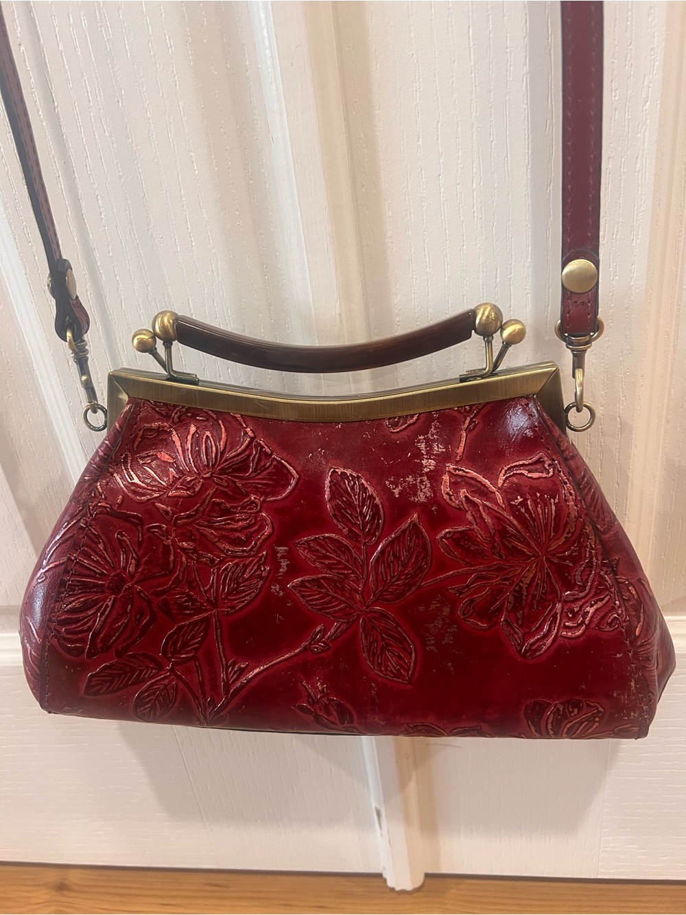 Patricia Nash Red Floral Embossed Leather Satchel with Brass Frame